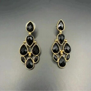 VGT Gold Tone Dangle Black Stones Chandelier Earrings